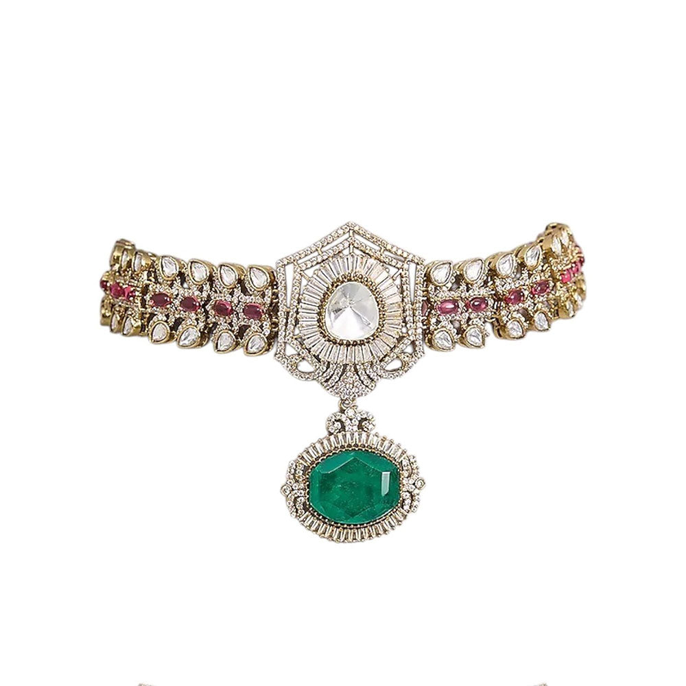 Auraa Trends Antique Gold-Plated Green Stone Kundan Choker Jewellery Set