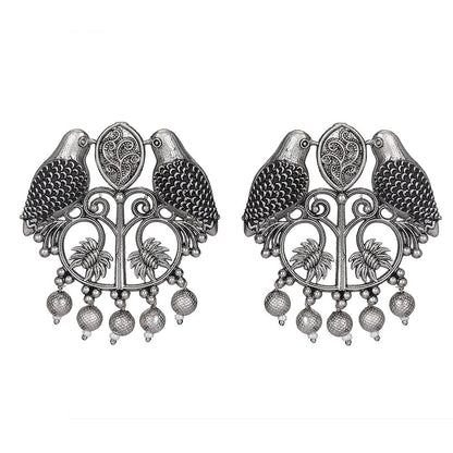 Auraa Trends Oxidized Silver Bird Motif Earrings With Floral Design And Dangling Beads