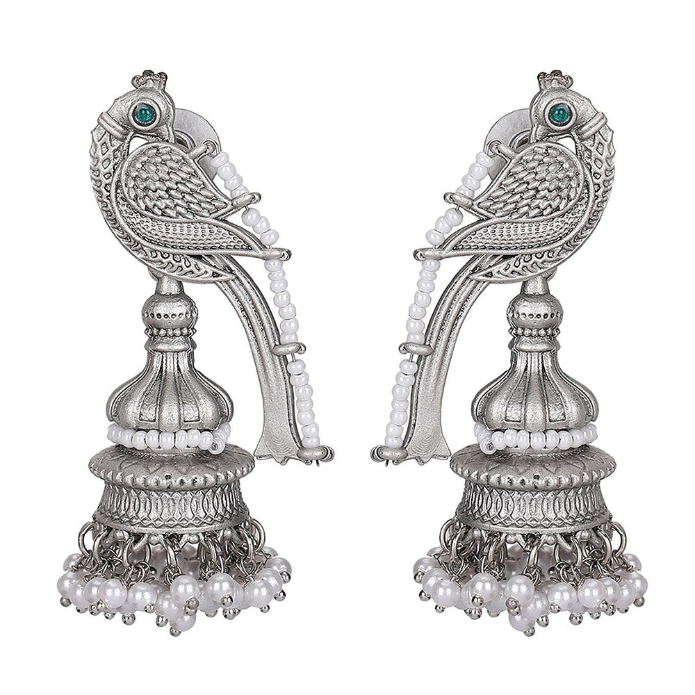 Auraa Trends Oxidized Silver Parrot Motif Jhumka Earrings With White Pearl Beads