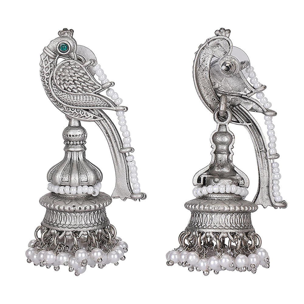 Auraa Trends Oxidized Silver Parrot Motif Jhumka Earrings With White Pearl Beads