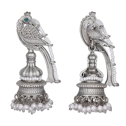 Auraa Trends Oxidized Silver Parrot Motif Jhumka Earrings With White Pearl Beads