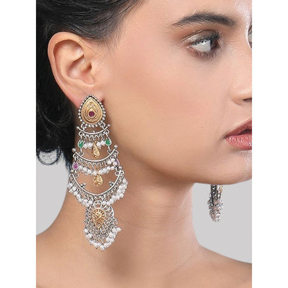 Auraa Trends Antique Oxidized Silver Multi-Layer Pearl And Kundan Chandbali Earrings For Women
