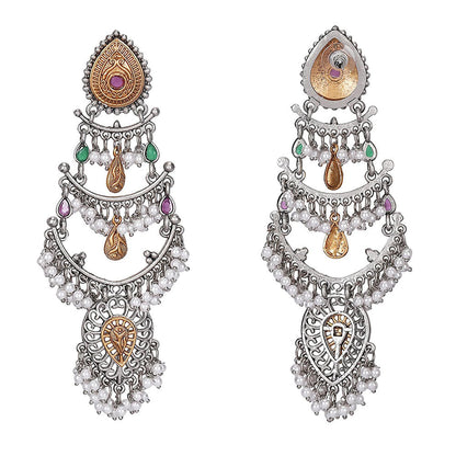 Auraa Trends Antique Oxidized Silver Multi-Layer Pearl And Kundan Chandbali Earrings For Women