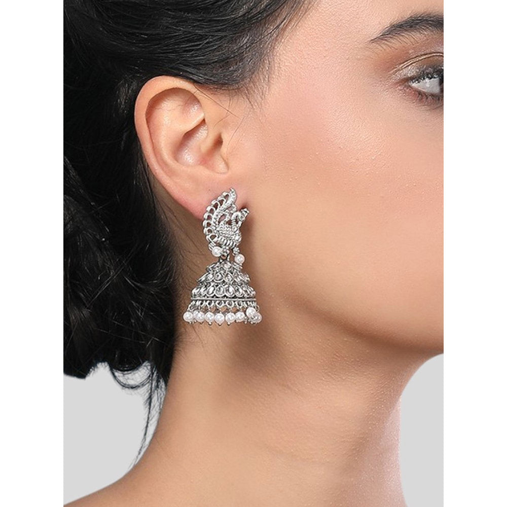 Auraa Trends Peacock Design Oxidized Silver Jhumka Earrings With Mirror And Pearl Detailing
