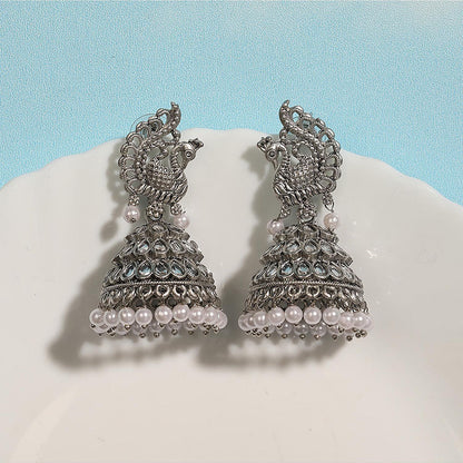 Auraa Trends Peacock Design Oxidized Silver Jhumka Earrings With Mirror And Pearl Detailing