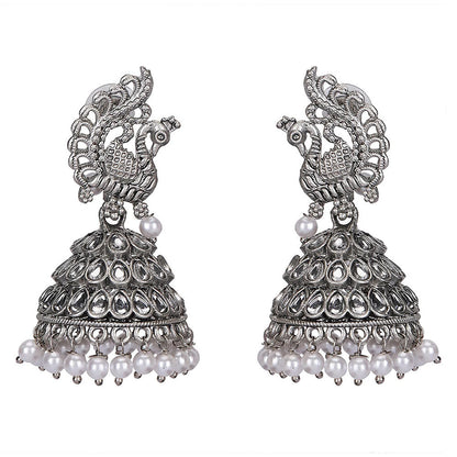Auraa Trends Peacock Design Oxidized Silver Jhumka Earrings With Mirror And Pearl Detailing