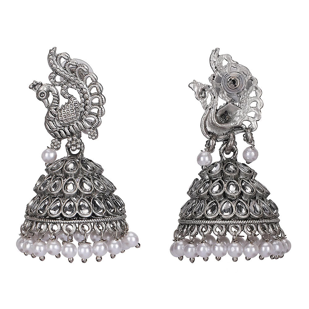 Auraa Trends Peacock Design Oxidized Silver Jhumka Earrings With Mirror And Pearl Detailing