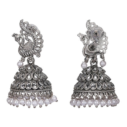 Auraa Trends Peacock Design Oxidized Silver Jhumka Earrings With Mirror And Pearl Detailing