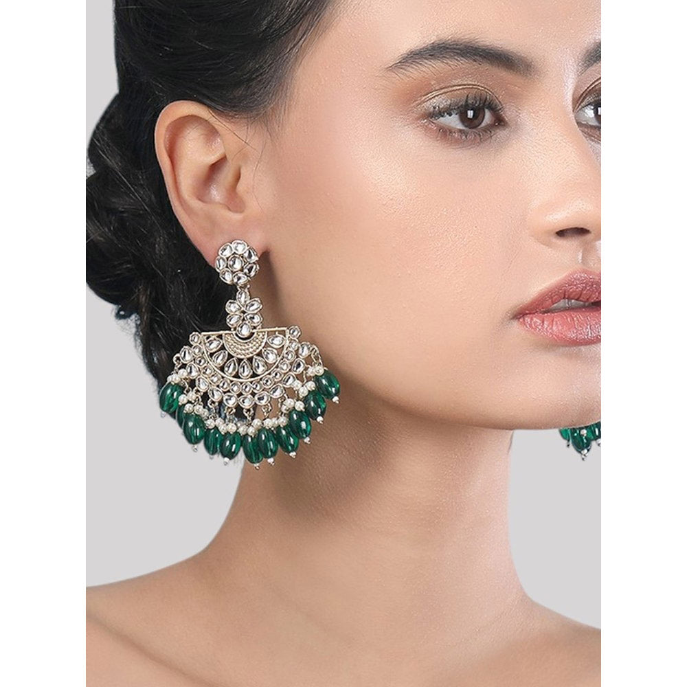 Auraa Trends Antique Gold-Plated Kundan Chandbali Earrings With Green Beads And Pearls