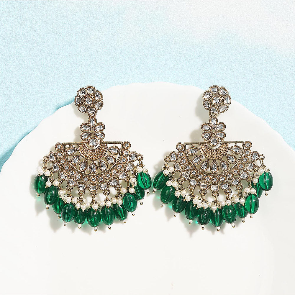Auraa Trends Antique Gold-Plated Kundan Chandbali Earrings With Green Beads And Pearls