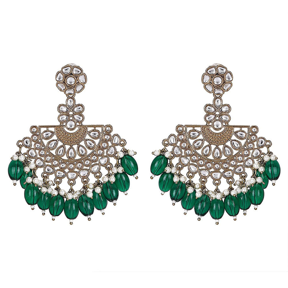 Auraa Trends Antique Gold-Plated Kundan Chandbali Earrings With Green Beads And Pearls