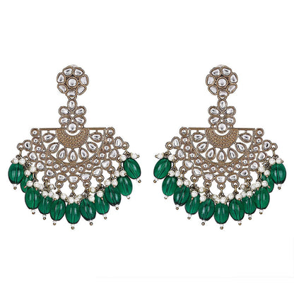 Auraa Trends Antique Gold-Plated Kundan Chandbali Earrings With Green Beads And Pearls