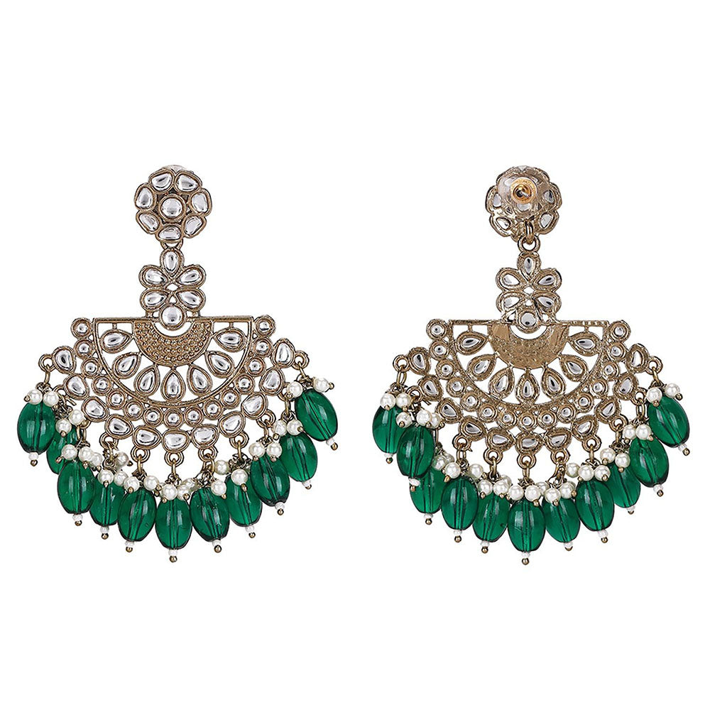 Auraa Trends Antique Gold-Plated Kundan Chandbali Earrings With Green Beads And Pearls
