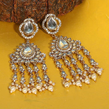 Auraa Trends Royal Gold-Plated Kundan And Pearl Long Dangler Earrings For Women