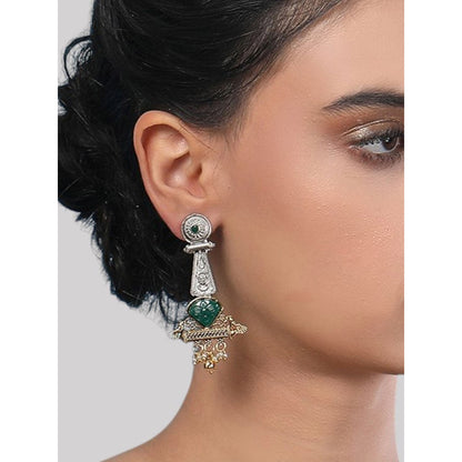 Auraa Trends Antique Tribal Dual-Tone Earrings With Green Stone And Pearl Dangling