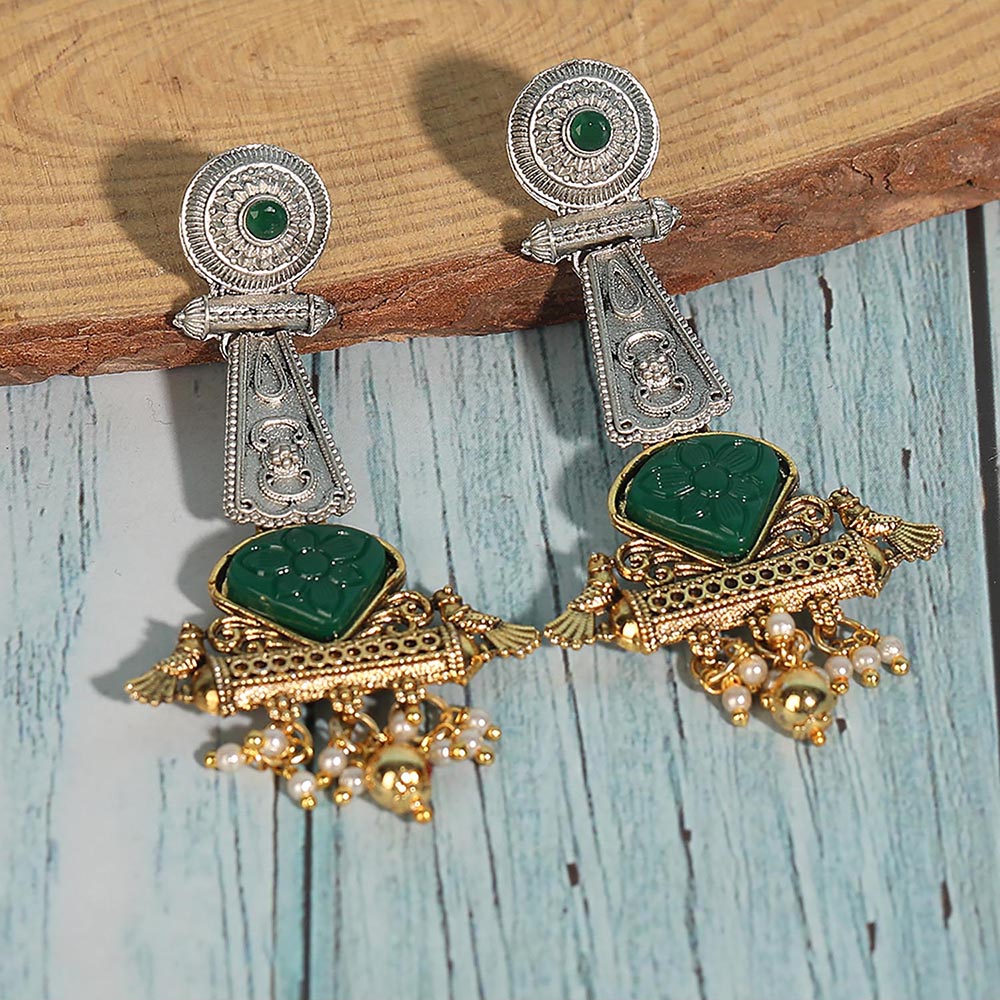 Auraa Trends Antique Tribal Dual-Tone Earrings With Green Stone And Pearl Dangling