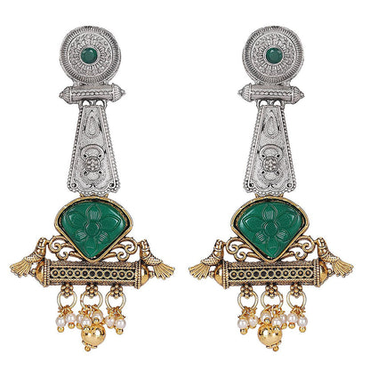 Auraa Trends Antique Tribal Dual-Tone Earrings With Green Stone And Pearl Dangling