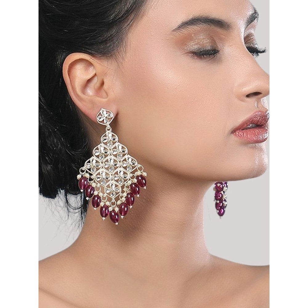 Auraa Trends Kundan Floral Chandelier Earrings With Maroon Beads And Pearls