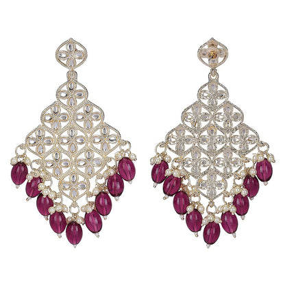 Auraa Trends Kundan Floral Chandelier Earrings With Maroon Beads And Pearls
