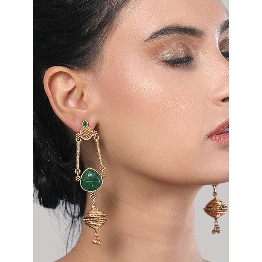Auraa Trends Traditional Green Stone Long Dangler Earrings With Antique Gold Finish