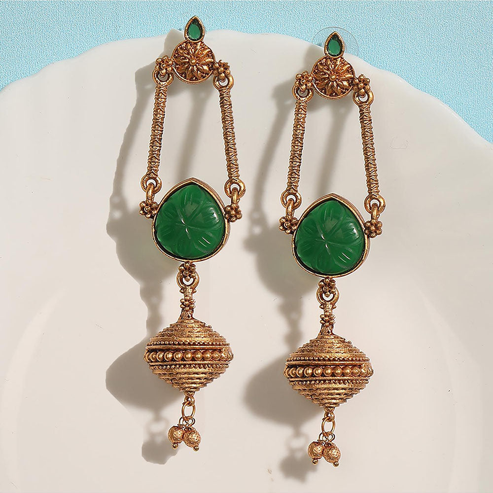Auraa Trends Traditional Green Stone Long Dangler Earrings With Antique Gold Finish