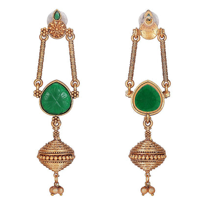 Auraa Trends Traditional Green Stone Long Dangler Earrings With Antique Gold Finish