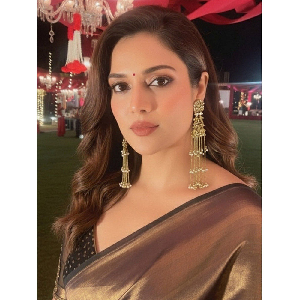 Auraa Trends Traditional Gold-Toned Long Chain Pearl Drop Earrings