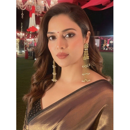 Auraa Trends Traditional Gold-Toned Long Chain Pearl Drop Earrings