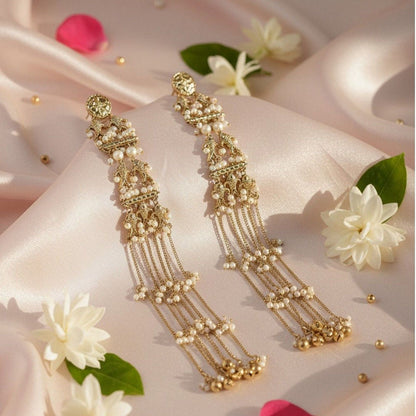Auraa Trends Traditional Gold-Toned Long Chain Pearl Drop Earrings
