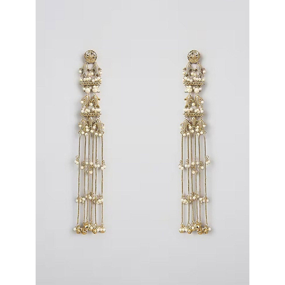 Auraa Trends Traditional Gold-Toned Long Chain Pearl Drop Earrings