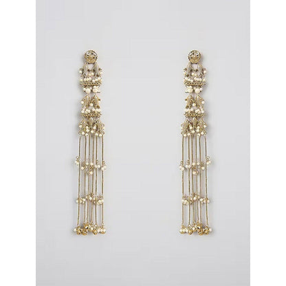 Auraa Trends Traditional Gold-Toned Long Chain Pearl Drop Earrings