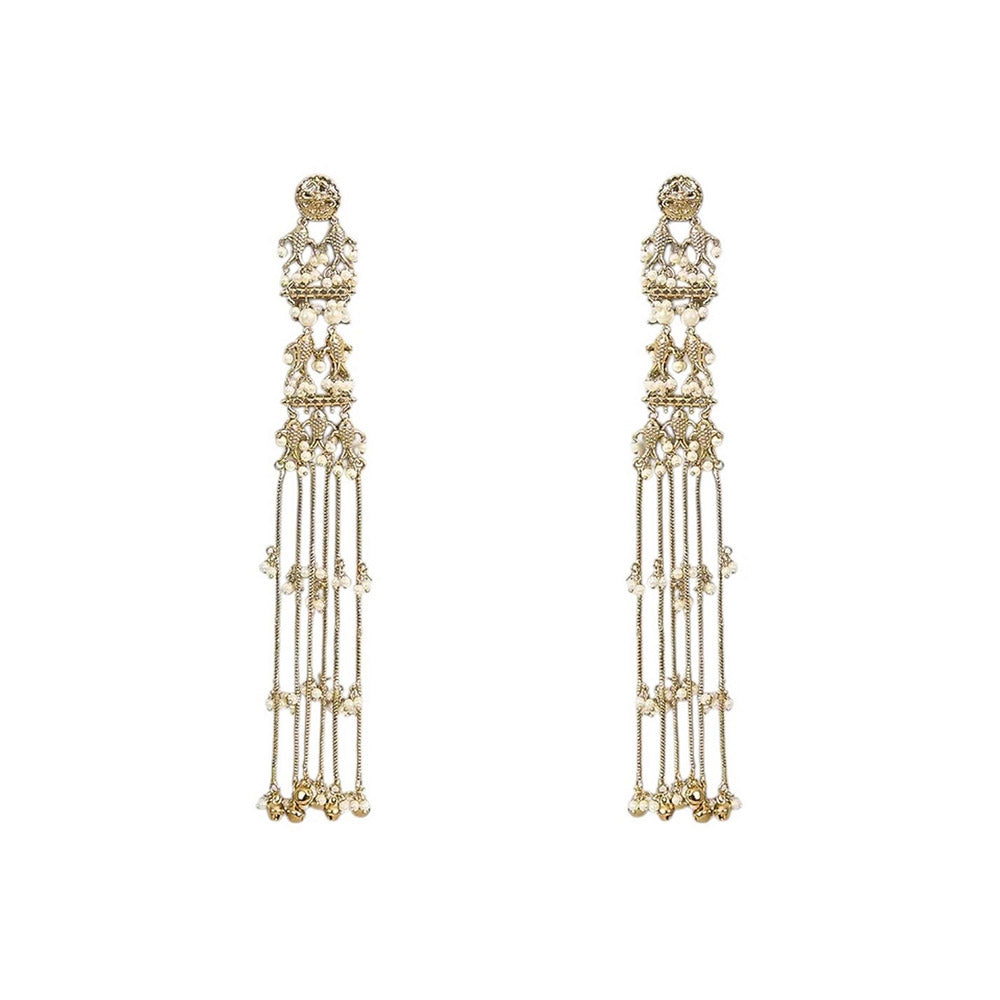 Auraa Trends Traditional Gold-Toned Long Chain Pearl Drop Earrings
