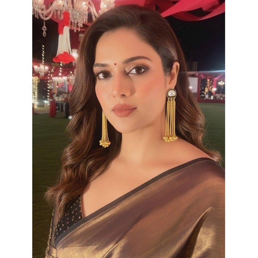 Auraa Trends Gold-Plated Chandelier Earrings with Crystal Centre and Tassel Design