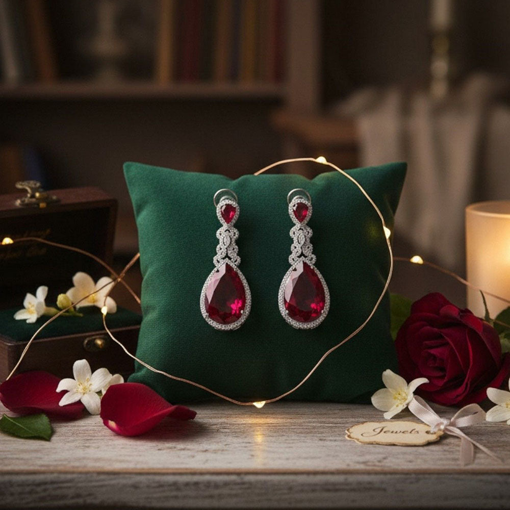 Auraa Trends Elegant Ruby Red Teardrop Earrings with Diamond Accents