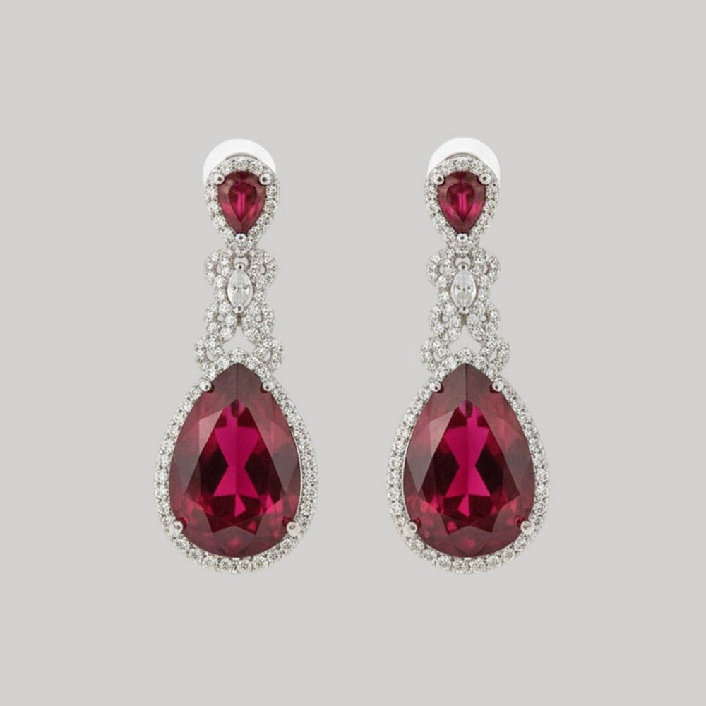 Auraa Trends Elegant Ruby Red Teardrop Earrings with Diamond Accents