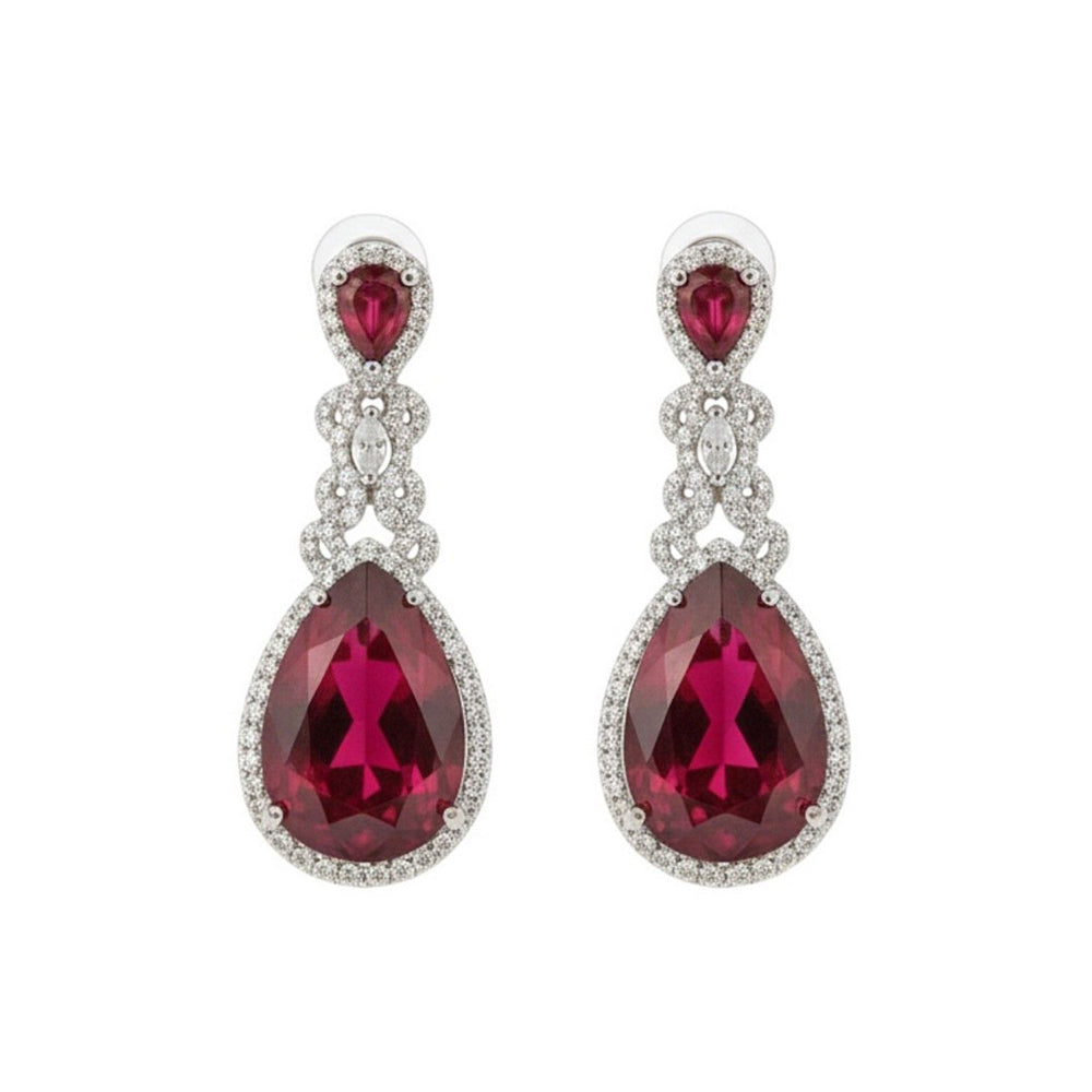 Auraa Trends Elegant Ruby Red Teardrop Earrings with Diamond Accents