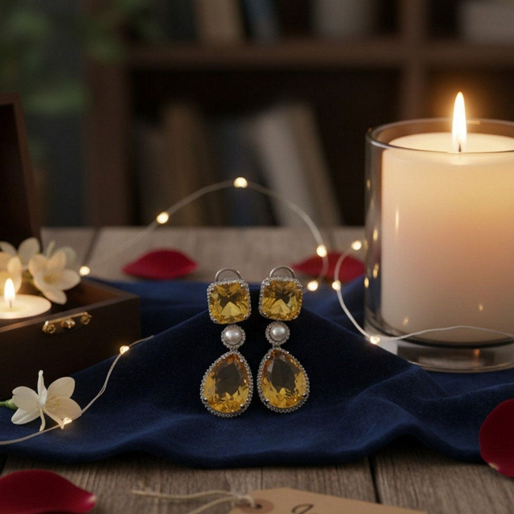 Auraa Trends Elegant Yellow Citrine Drop Earrings with Pearls and Silver Tone Detailing