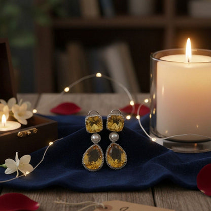 Auraa Trends Elegant Yellow Citrine Drop Earrings with Pearls and Silver Tone Detailing