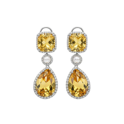 Auraa Trends Elegant Yellow Citrine Drop Earrings with Pearls and Silver Tone Detailing