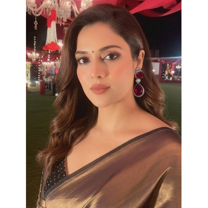 Auraa Trends Luxurious Ruby Red Drop Earrings with Pearls and Silver Tone Detailing