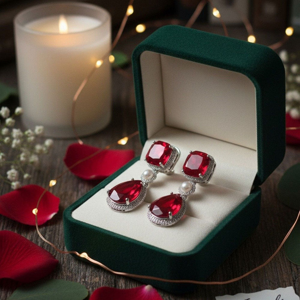 Auraa Trends Luxurious Ruby Red Drop Earrings with Pearls and Silver Tone Detailing