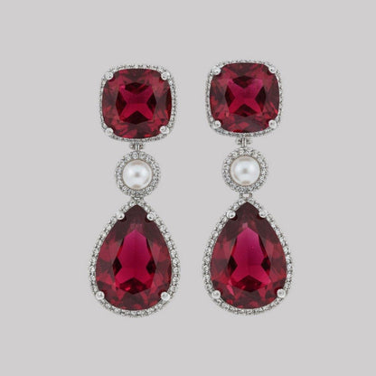 Auraa Trends Luxurious Ruby Red Drop Earrings with Pearls and Silver Tone Detailing