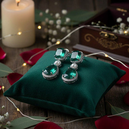 Auraa Trends Elegant Emerald Green Drop Earrings with Pearls and Silver Tone Detailing
