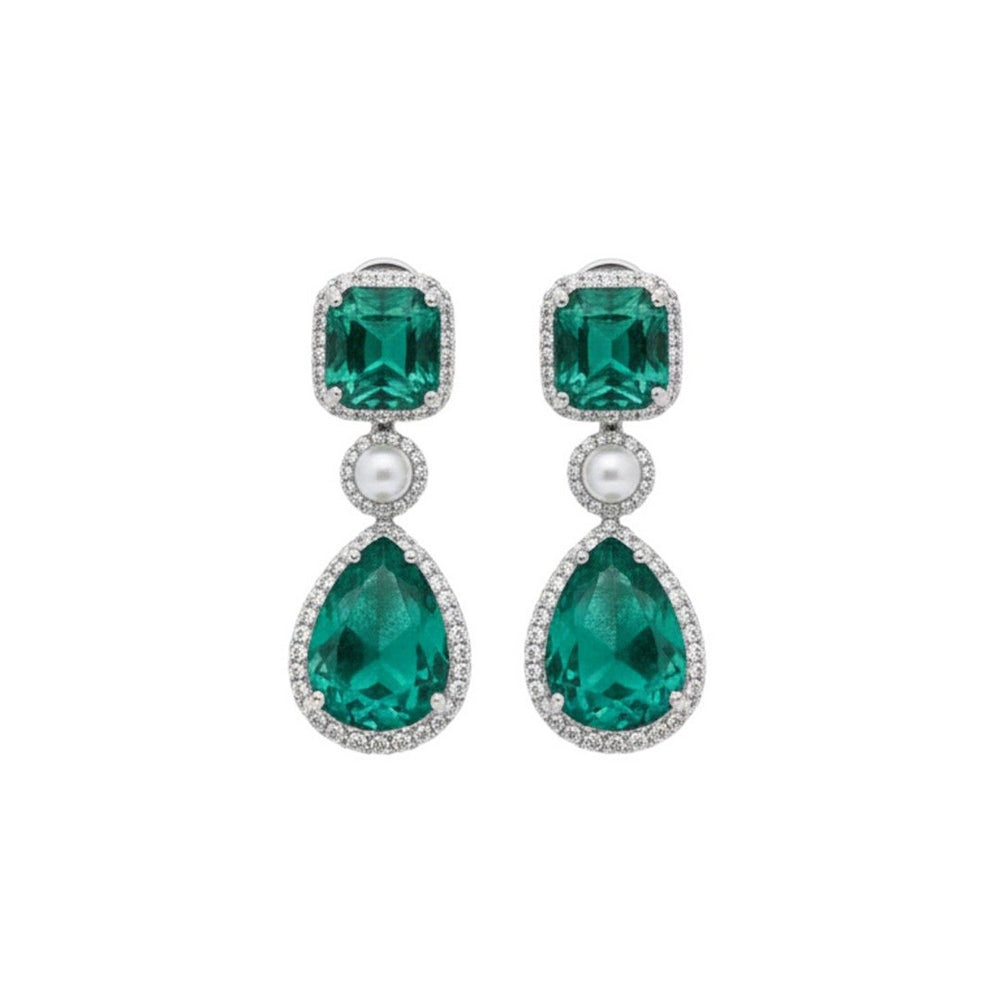 Auraa Trends Elegant Emerald Green Drop Earrings with Pearls and Silver Tone Detailing