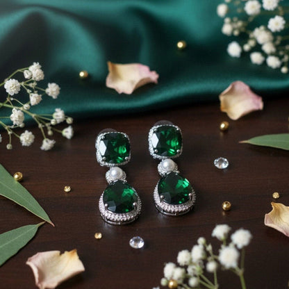 Auraa Trends Elegant Green Stone Drop Earrings with Pearl Accent