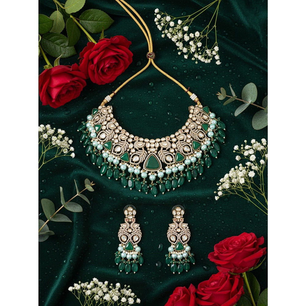 Auraa Trends Elegant Green Gemstone and Pearl Traditional Jewellery Set