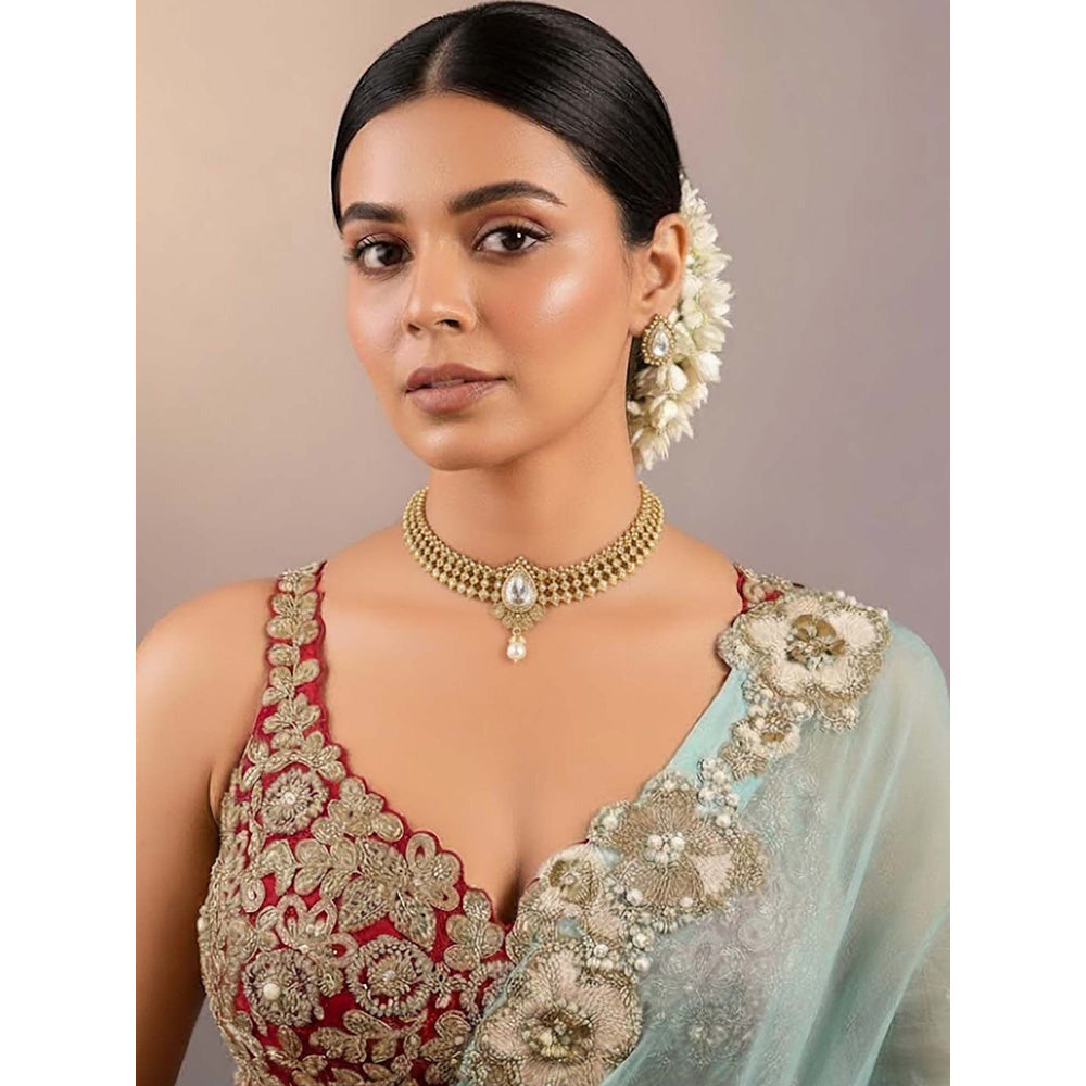 Auraa Trends White Gold-Plated Kundan Choker Jewellery Set with Pearl Drops for Women
