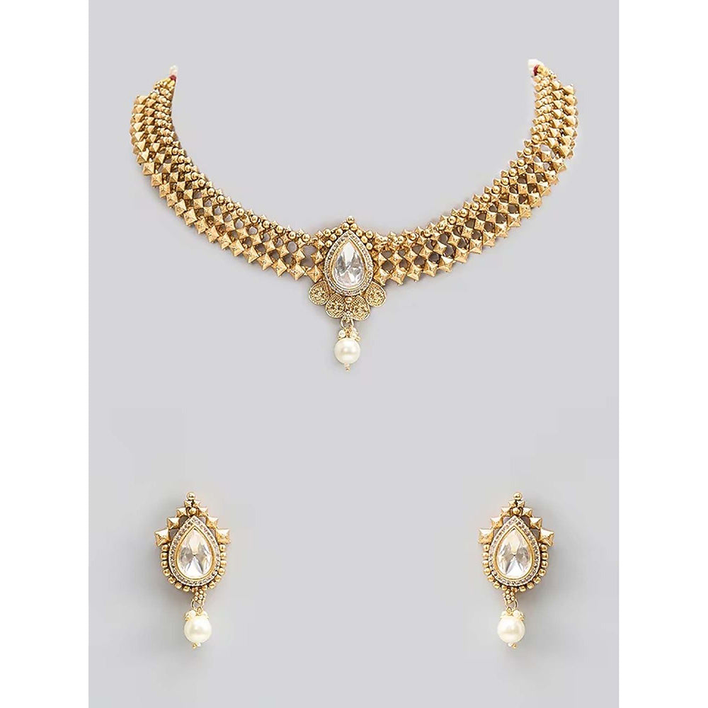 Auraa Trends White Gold-Plated Kundan Choker Jewellery Set with Pearl Drops for Women