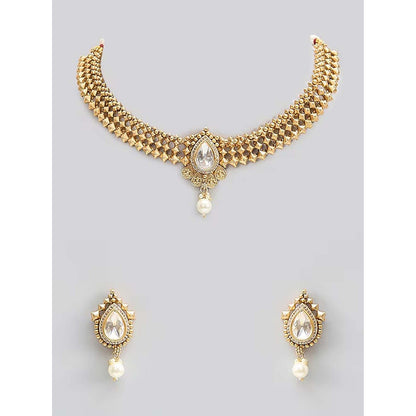 Auraa Trends White Gold-Plated Kundan Choker Jewellery Set with Pearl Drops for Women