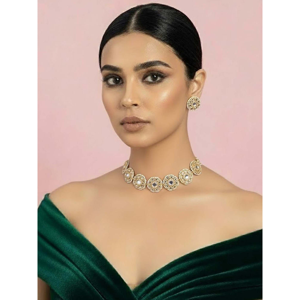 Auraa Trends White Gold-Plated Circular Kundan Choker Jewellery Set with Pearls for Women